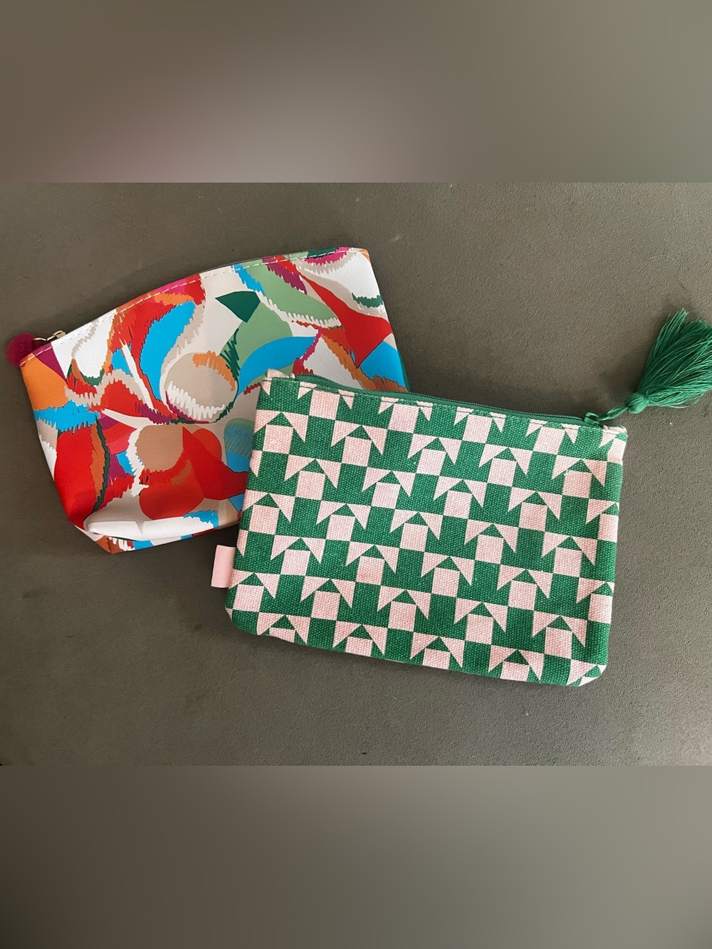 Green & Pink Geometric Zip Pouchs for makeup or other smalll items